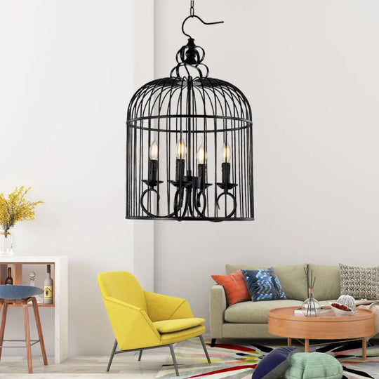 Farmhouse Birdcage Design Hanging Chandelier Lamp - 4-Head Metallic Fixture With Candle In Elegant