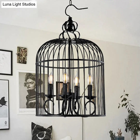 Farmhouse Birdcage Design Hanging Chandelier Lamp - 4-Head Metallic Fixture With Candle In Elegant