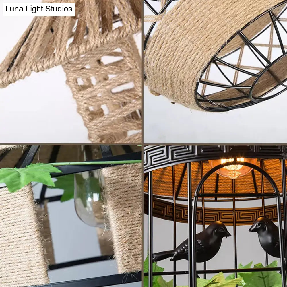Farmhouse Birdcage Metal Pendant Ceiling Light - 1 Head Dining Room Rope Down Lighting In Beige
