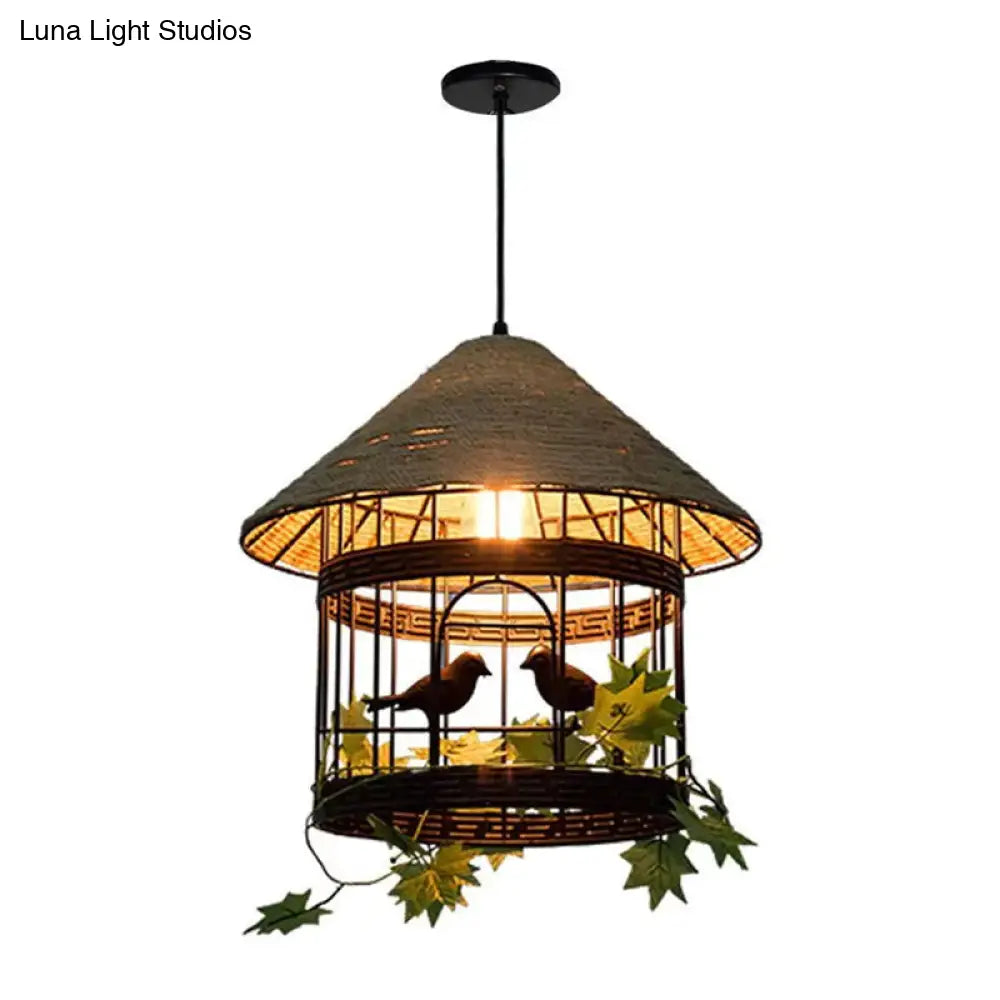 Farmhouse Birdcage Pendant Light With Metal Shade And Beige Rope Down Lighting