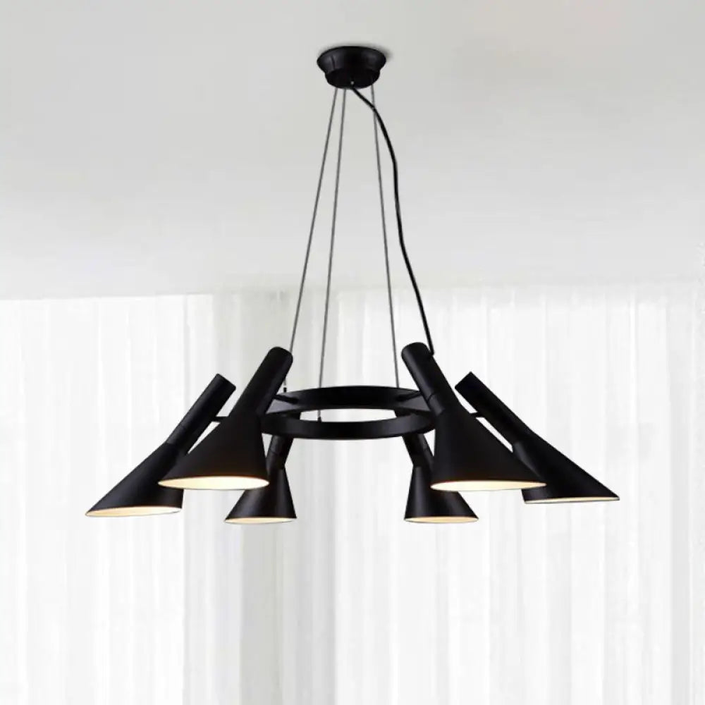 Farmhouse Black 6-Bulb Chandelier With Metal Flared Ring Design - Stylish Suspension Lighting For