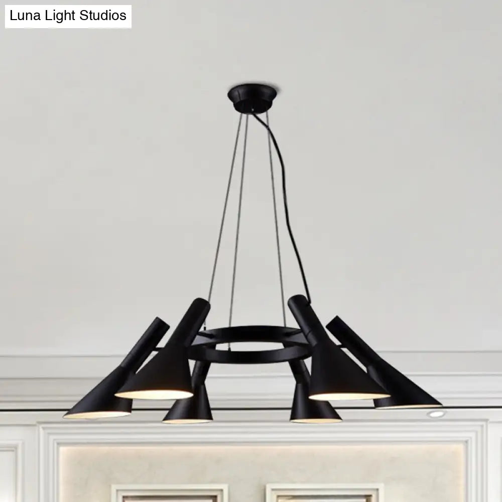 Farmhouse Black 6-Bulb Chandelier With Metal Flared Ring Design - Stylish Suspension Lighting For