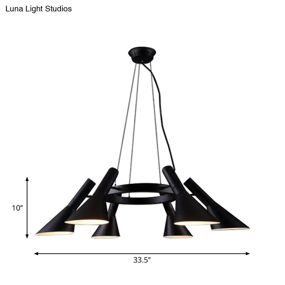 Farmhouse Black 6-Bulb Chandelier With Metal Flared Ring Design - Stylish Suspension Lighting For
