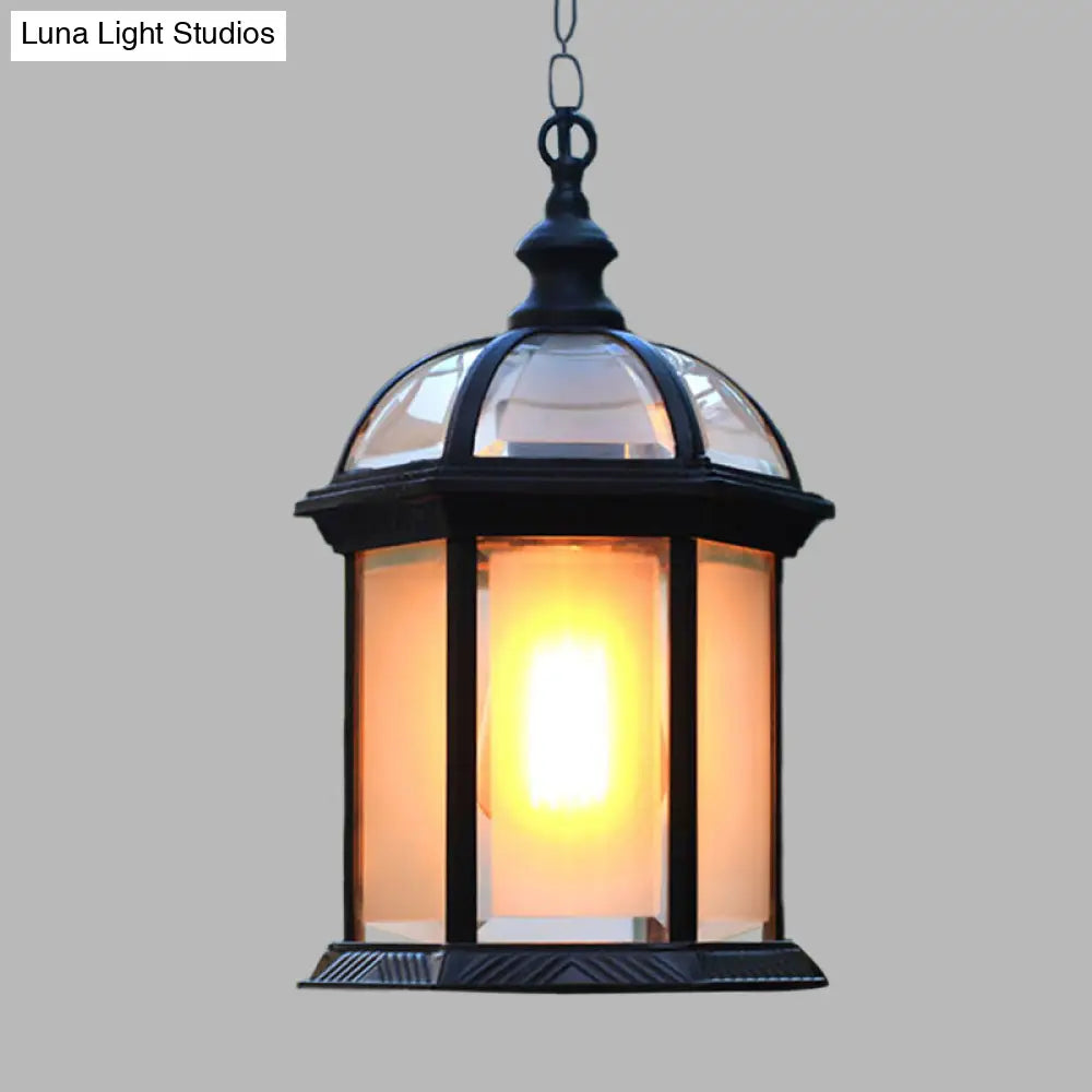 Farmhouse Black/Brass Birdcage Ceiling Lamp With Frosted Glass For Courtyard Suspension