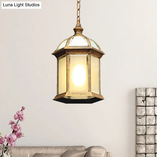 Farmhouse Black/Brass Birdcage Ceiling Lamp With Frosted Glass For Courtyard Suspension