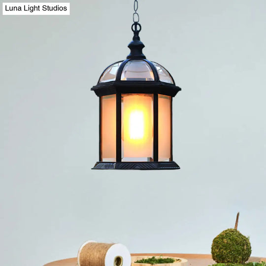 Farmhouse Black/Brass Birdcage Ceiling Lamp With Frosted Glass For Courtyard Suspension