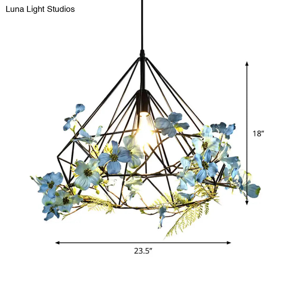 Farmhouse Diamond Cage Pendant Lamp - Black 18/19.5/23.5 W Restaurant Suspension Lighting