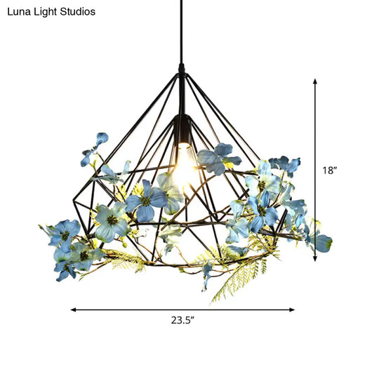 Farmhouse Black Diamond Cage Pendant Lamp - 1-Bulb Restaurant Suspension Lighting Sizes: