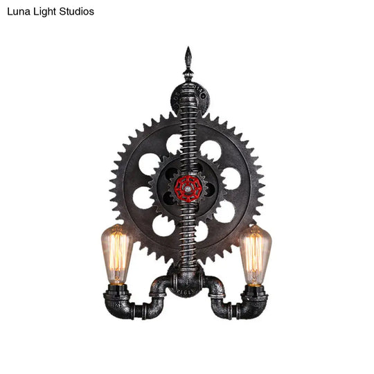 Farmhouse Black Finish Wall Lamp With Gear Design - 2-Light Open Bulb Metallic Mountable Over Table