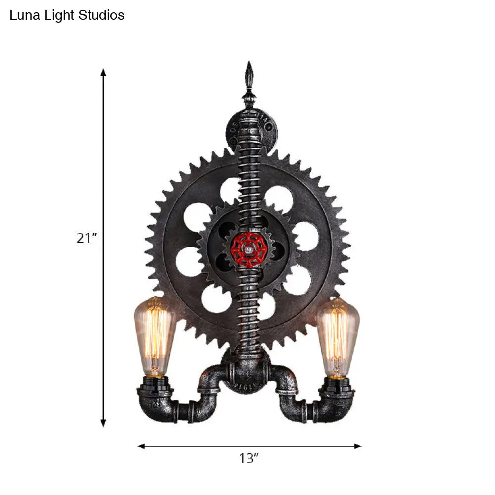 Farmhouse Black Finish Wall Lamp With Gear Design - 2-Light Open Bulb Metallic Mountable Over Table