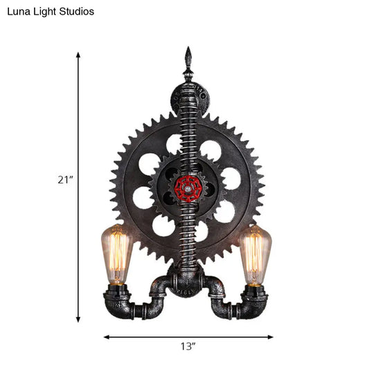 Farmhouse Black Finish Wall Lamp With Gear Design - 2-Light Open Bulb Metallic Mountable Over Table