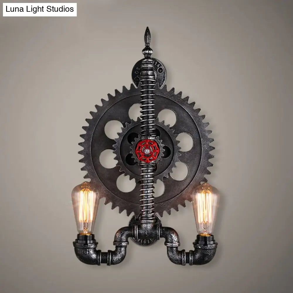 Farmhouse Black Finish Wall Lamp With Gear Design - 2-Light Open Bulb Metallic Mountable Over Table