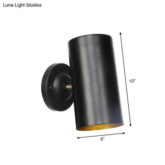 Farmhouse Black Finish Wall Sconce: Cylindrical Metallic Bedside Light (4/6 W)