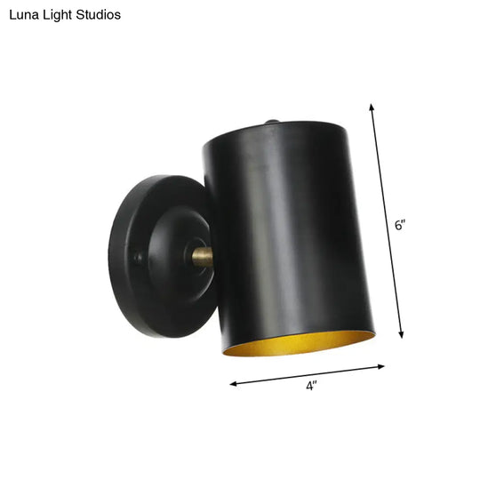 Farmhouse Black Finish Wall Sconce: Cylindrical Metallic Bedside Light (4/6 W)