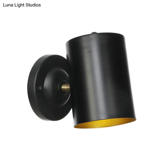 Farmhouse Black Finish Wall Sconce: Cylindrical Metallic Bedside Light (4/6 W)