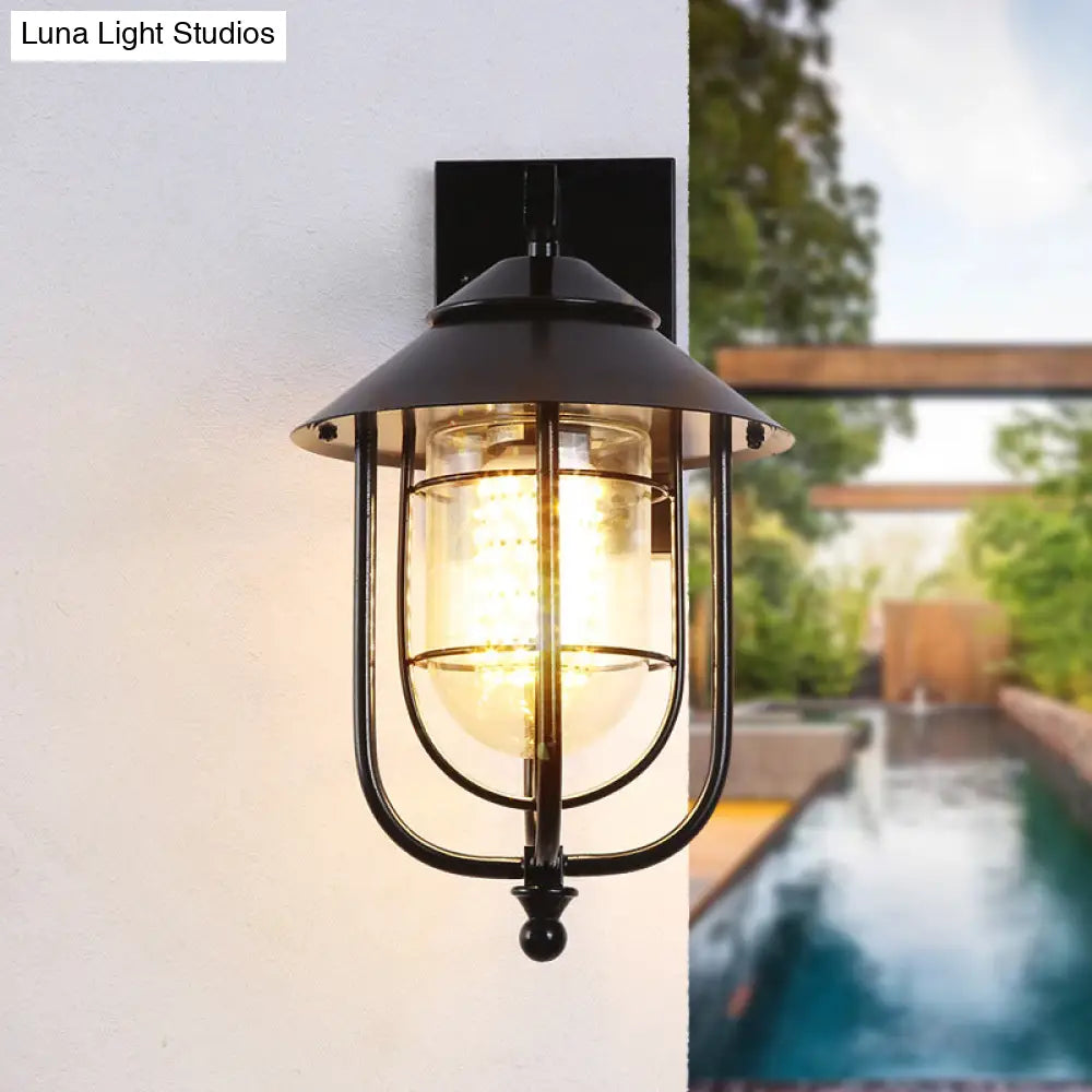 Farmhouse Black Half-Capsule Wall Lantern With Clear Glass - Outdoor Mounted Light (1 Bulb)