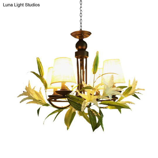 Farmhouse Black Hanging Chandelier With Lily Decoration And 4 Conical Bulbs