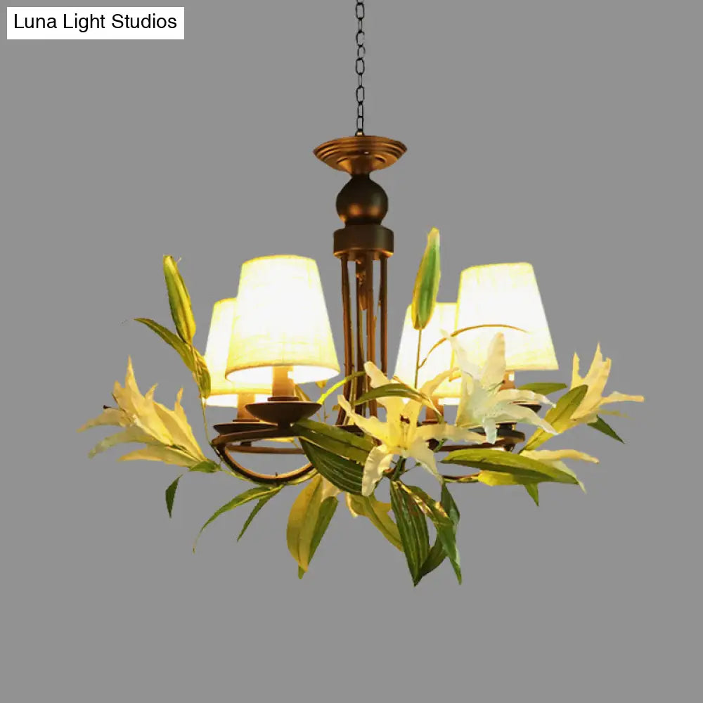 Farmhouse Black Hanging Chandelier With Lily Decoration And 4 Conical Bulbs