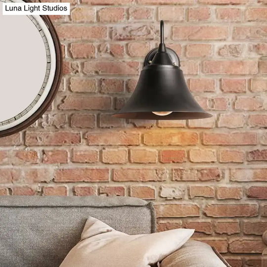 Farmhouse Black Iron Gooseneck Wall Lamp With Bell Shade And Single Bulb