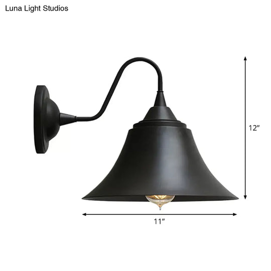 Farmhouse Black Iron Gooseneck Wall Lamp With Bell Shade And Single Bulb