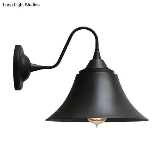 Farmhouse Black Iron Gooseneck Wall Lamp With Bell Shade And Single Bulb