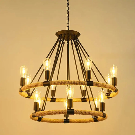 Farmhouse Black Manila Rope Chandelier Pendant - Hanging Ceiling Light 12 /