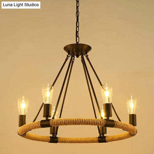 Farmhouse Black Circular Manila Rope Chandelier Pendant Light For Restaurant Ceiling 6 /