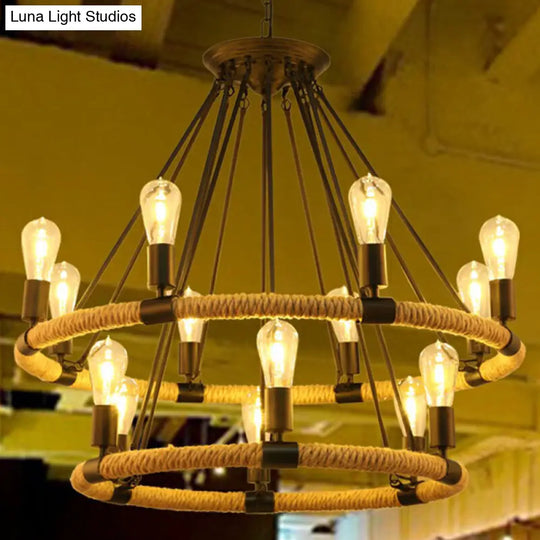 Farmhouse Black Circular Manila Rope Chandelier Pendant Light For Restaurant Ceiling