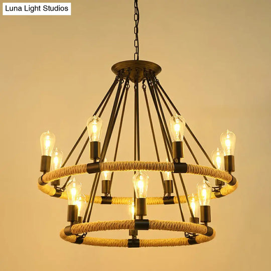 Farmhouse Black Circular Manila Rope Chandelier Pendant Light For Restaurant Ceiling 12 /