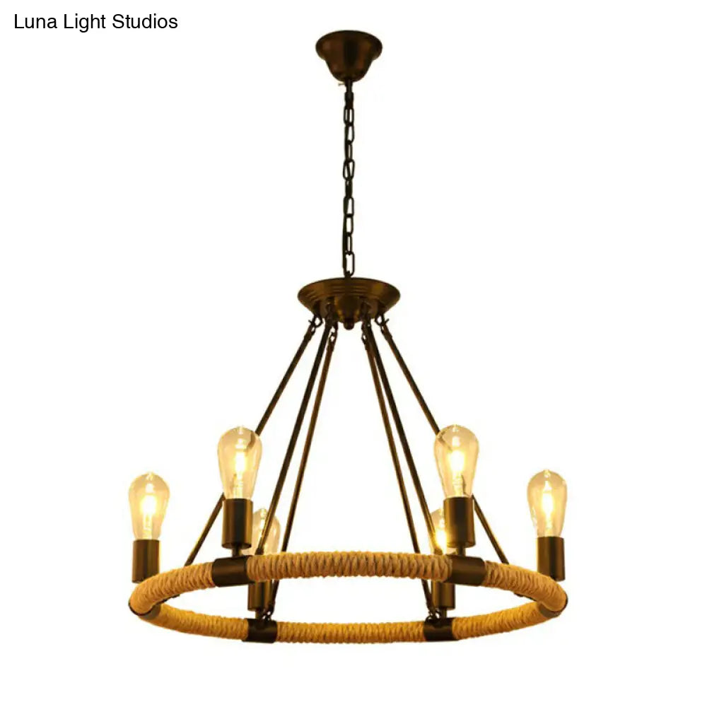 Farmhouse Black Circular Manila Rope Chandelier Pendant Light For Restaurant Ceiling