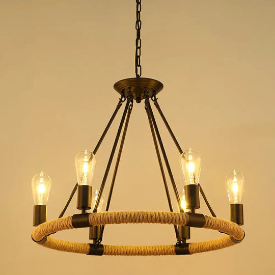 Farmhouse Black Manila Rope Chandelier Pendant - Hanging Ceiling Light 6 /