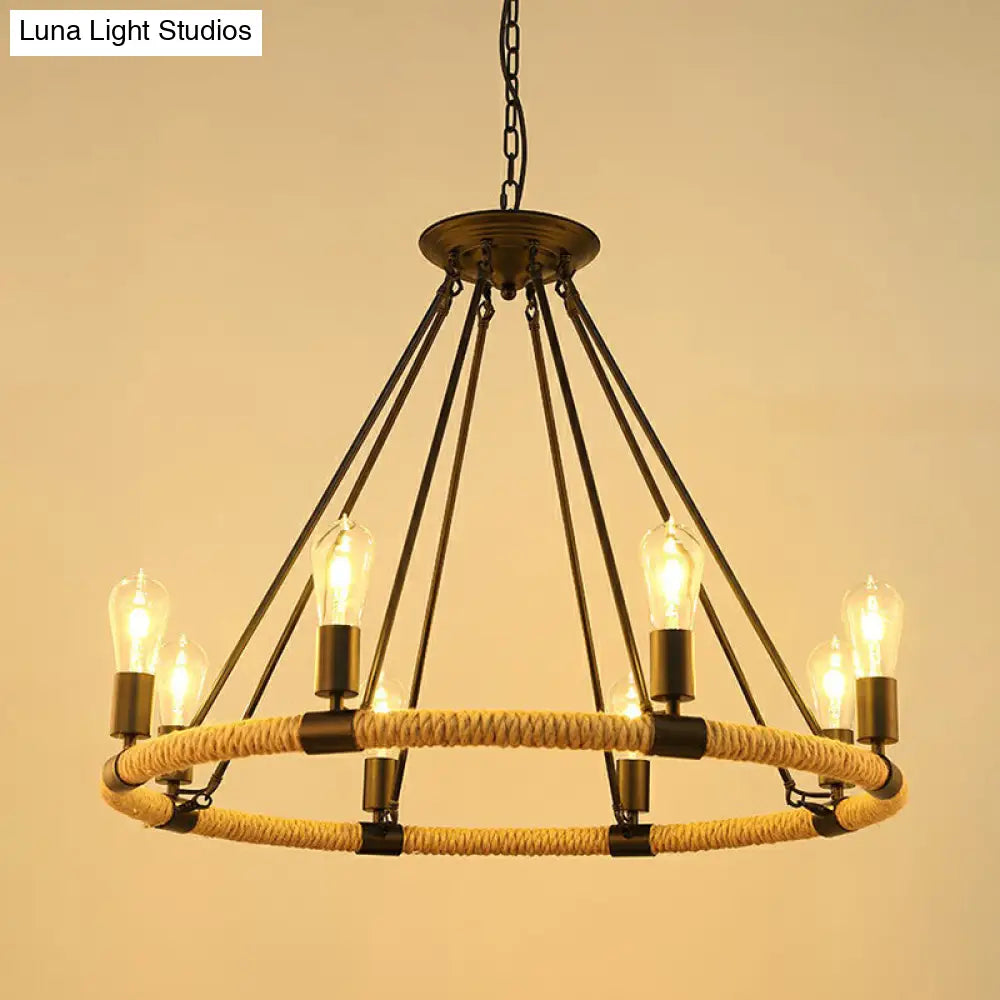 Farmhouse Black Circular Manila Rope Chandelier Pendant Light For Restaurant Ceiling 8 /