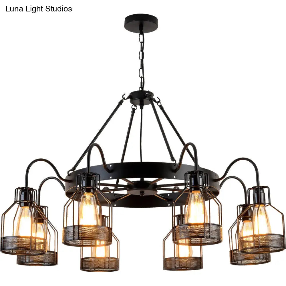 6/8-Headed Farmhouse Black Metal Chandelier With Cage Frame - Bell Hanging Lamp Light Fixture