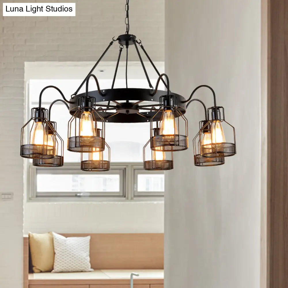 Farmhouse Black Metal Chandelier Light Fixture - 6/8 Heads Bell Hanging Lamp With Cage Style Frame