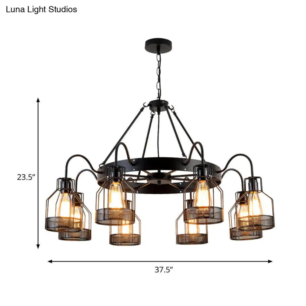 6/8-Headed Farmhouse Black Metal Chandelier With Cage Frame - Bell Hanging Lamp Light Fixture