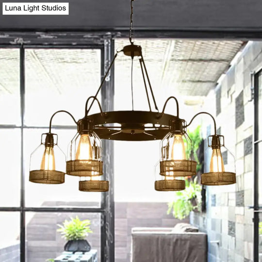 6/8-Headed Farmhouse Black Metal Chandelier With Cage Frame - Bell Hanging Lamp Light Fixture