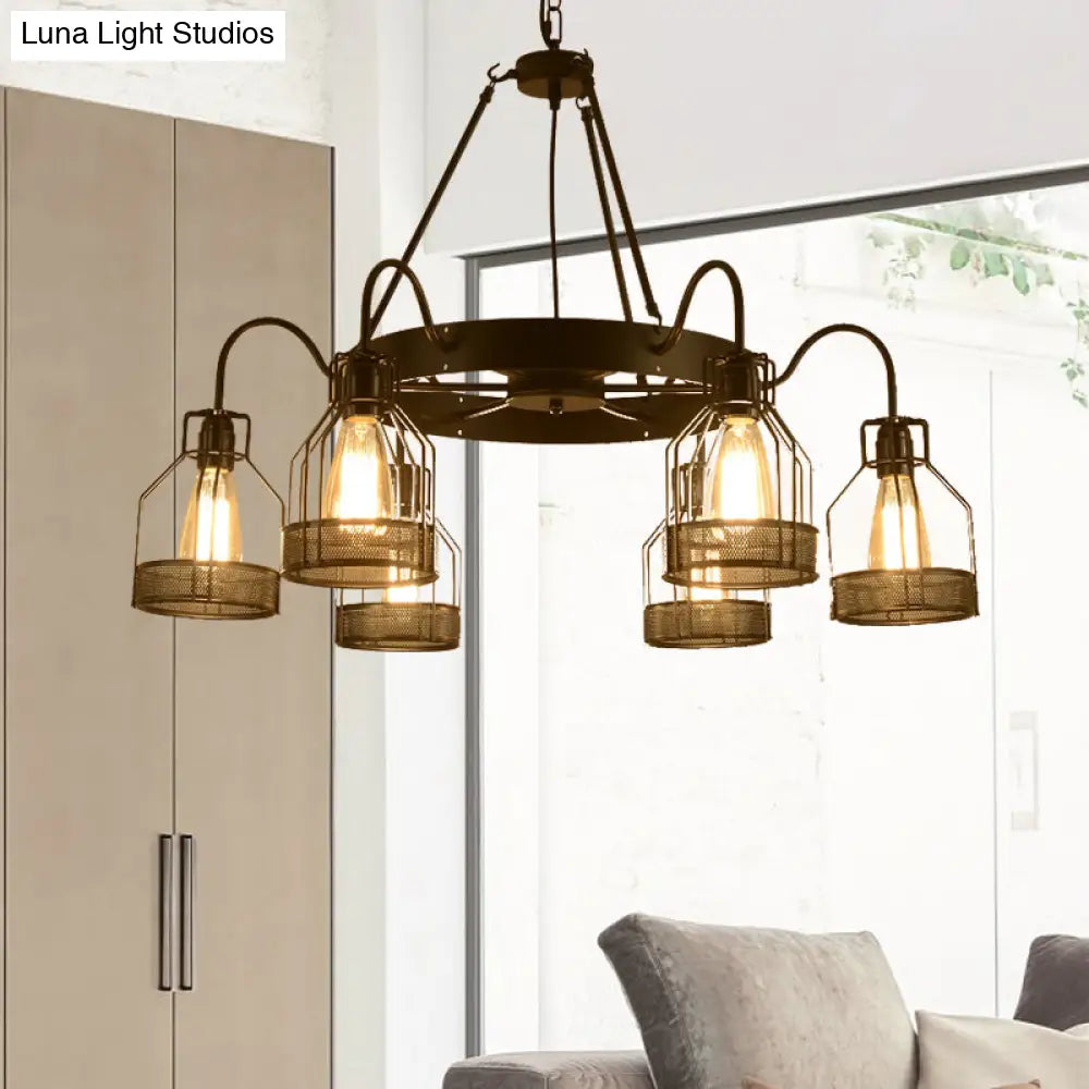 6/8-Headed Farmhouse Black Metal Chandelier With Cage Frame - Bell Hanging Lamp Light Fixture