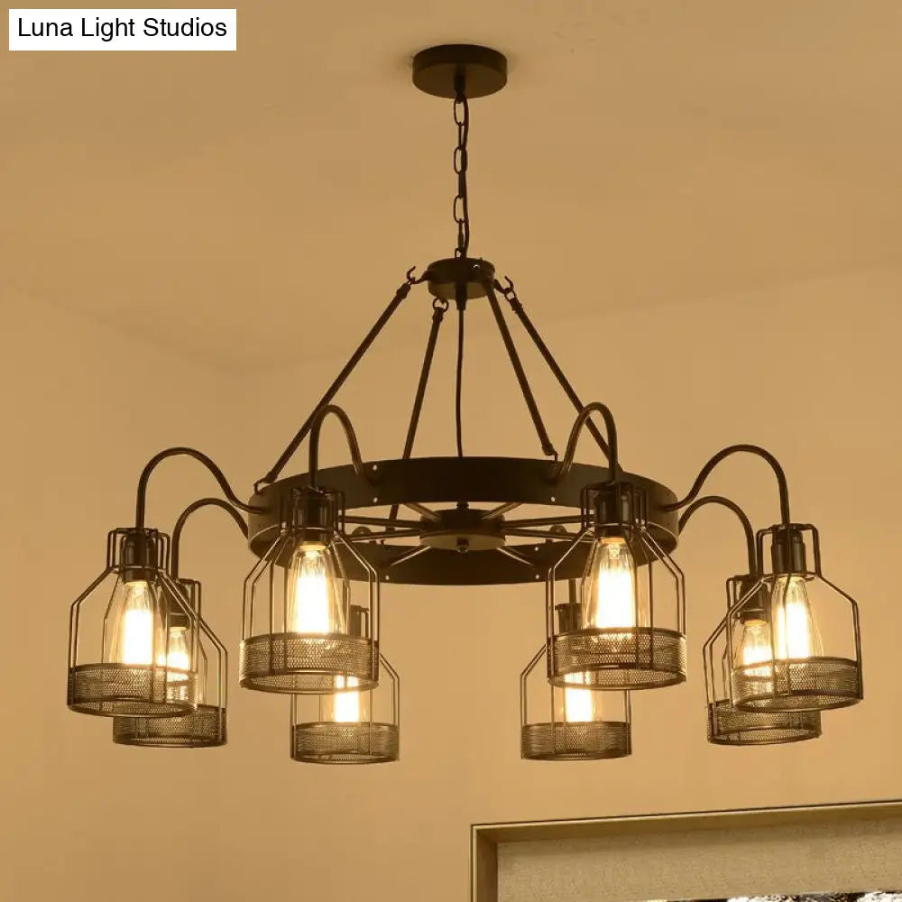 6/8-Headed Farmhouse Black Metal Chandelier With Cage Frame - Bell Hanging Lamp Light Fixture