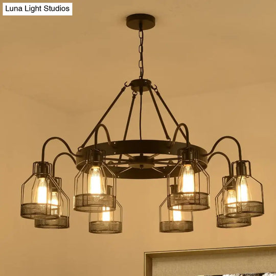 6/8-Headed Farmhouse Black Metal Chandelier With Cage Frame - Bell Hanging Lamp Light Fixture