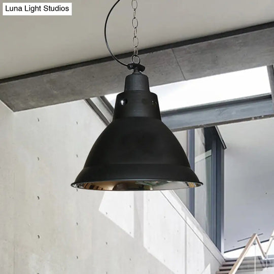 Farmhouse Black Metal Dome Pendant Light With Chain For Stairway 12 Width