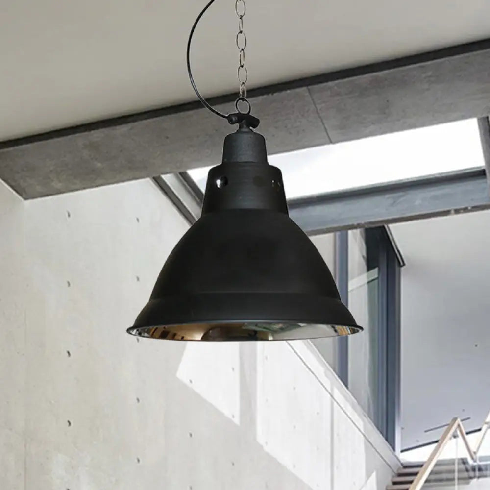 Farmhouse Black Metal Dome Pendant Light With Chain - 12’ W