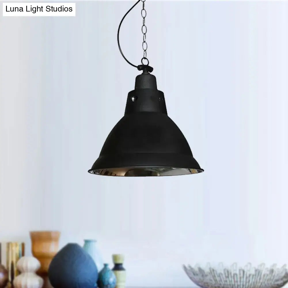 Farmhouse Black Metal Dome Pendant Light With Chain For Stairway 12 Width