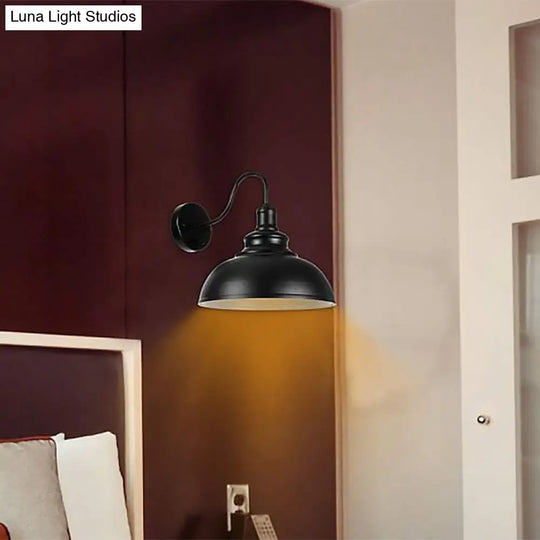 Farmhouse Black Metal Dome Sconce Light - Bedroom Wall Lamp With Plug-In Cord