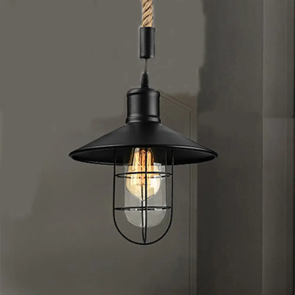 Farmhouse Black Metal Pendant Light With Flared Design Rope Cord And Wire Frame.