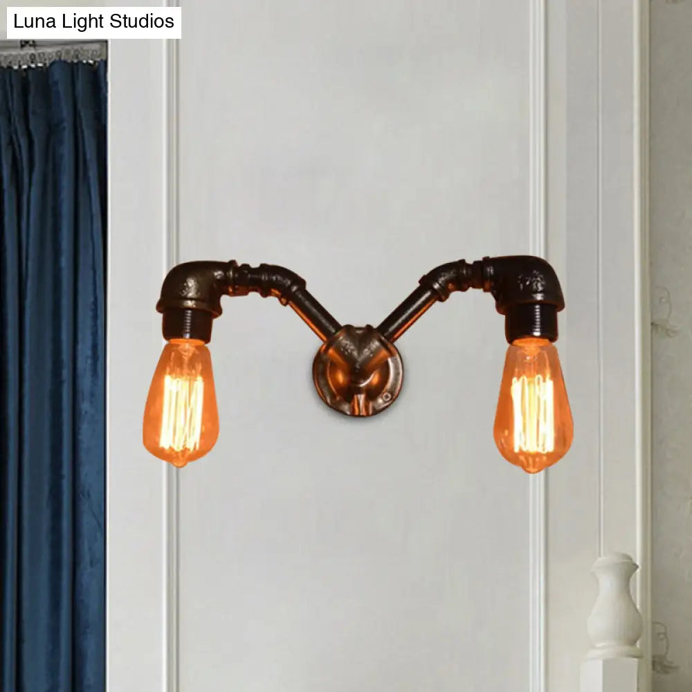 Farmhouse Black Metal Sconce Light Fixture With 2-Head Pipe Design And Open Bulb Wall Lighting