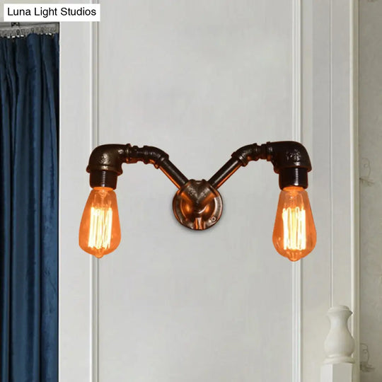 Farmhouse Black Metal Sconce Light Fixture With 2-Head Pipe Design And Open Bulb Wall Lighting