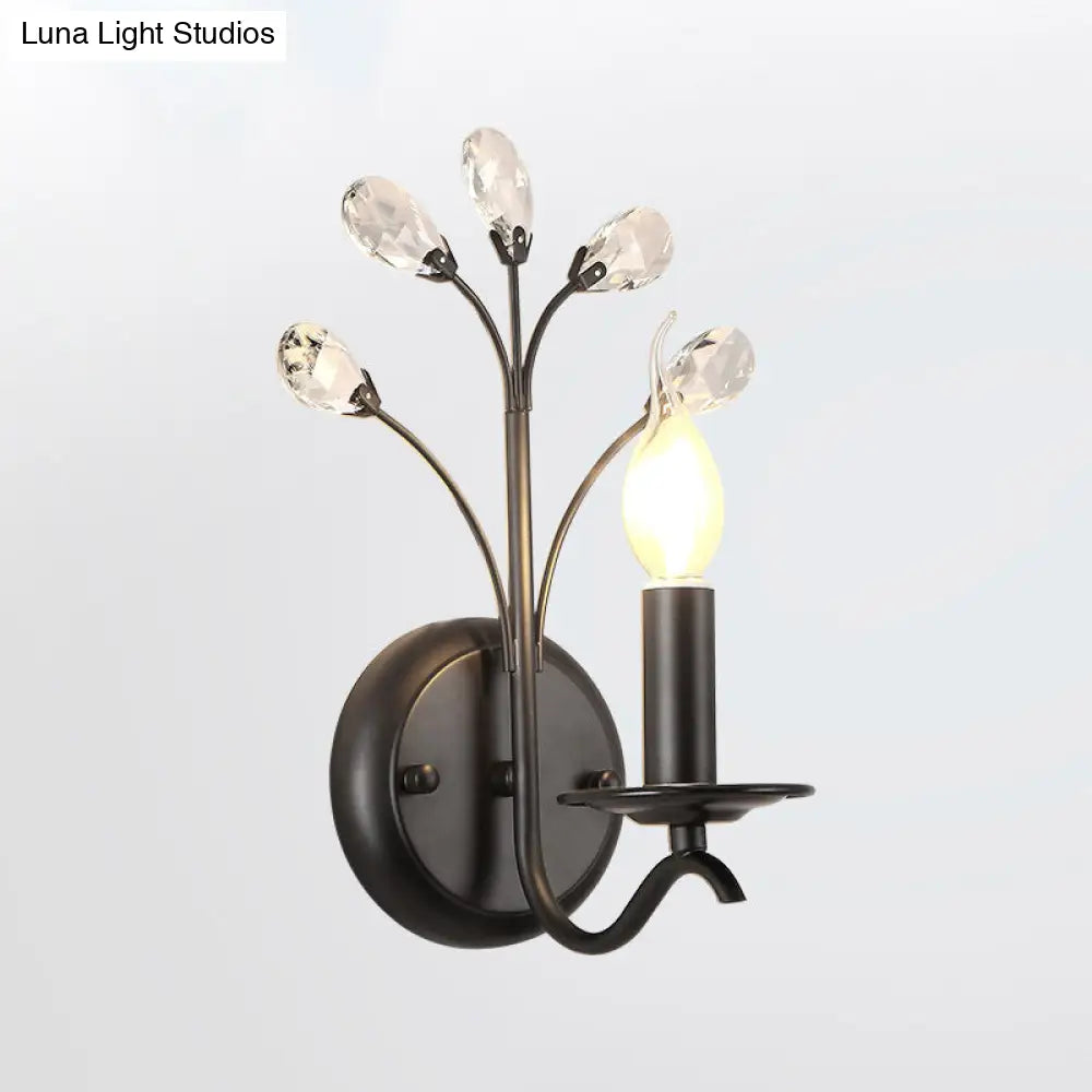 Farmhouse Black Metal Wall Light - Single-Bulb Candle Sconce With Crystal Twig Accents