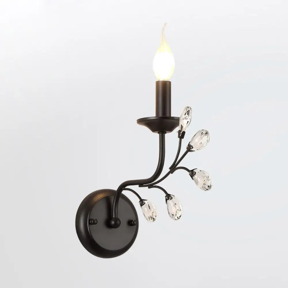 Farmhouse Black Metal Wall Light - Single-Bulb Candle Sconce With Crystal Twig Accents / D