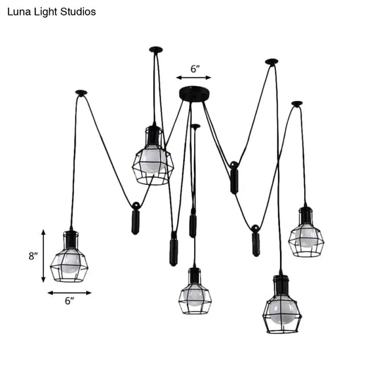 Farmhouse Black Metallic Pendant Light Fixture With Swag Design - 3/5/8 Head Caged Hanging Lamp