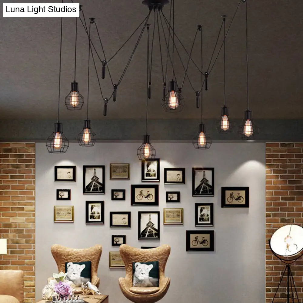 Farmhouse Black Metallic Pendant Light Fixture With Swag Design - 3/5/8 Head Caged Hanging Lamp